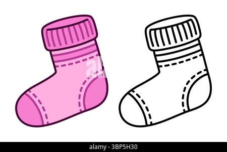 Calzino rosa caldo carino. Illustrazione a colori e disegni a linee in bianco e nero per la colorazione. Disegno vettoriale cartoni animati. Illustrazione Vettoriale