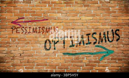 Un'immagine con un cartello che punta in due direzioni diverse in tedesco. Una direzione punta all'ottimismo, l'altra al pessimismo. Foto Stock