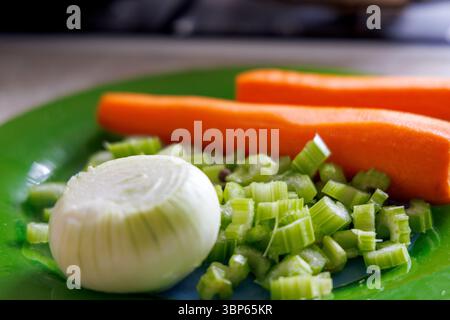 Il piatto verde mostra verdure fresche, tra cui mezza cipolla sbucciata, gambi di sedano tritati e due carote intere. Foto Stock