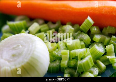 Il piatto verde mostra verdure fresche, tra cui mezza cipolla sbucciata, gambi di sedano tritati e due carote intere. Foto Stock