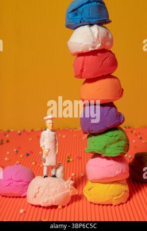 Il giocattolo dello chef e le palline da gelato multicolore su sfondo arancione e giallo. Colori vivaci Foto Stock