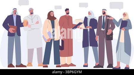 Gente musulmana che parla. Le donne indossano hijab, gli uomini con abiti arabi tradizionali. Personaggi arabi isolati che si incontrano e comunicano, scena vettoriale Illustrazione Vettoriale