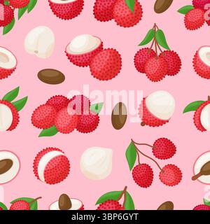 Motivo Lychee senza cuciture. Frutta esotica brillante con foglie, intere e tagliate. Stampa di frutta dolce vitaminica per avvolgere il tessuto, vettore neoterico Illustrazione Vettoriale
