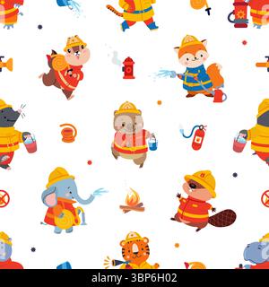 Animali boschivi dei vigili del fuoco. Animali divertenti in uniforme da vigile del fuoco, idrante, secchio, gocce d'acqua. Tigre elefante volpe, stampa in tessuto infantile, nowaday Illustrazione Vettoriale