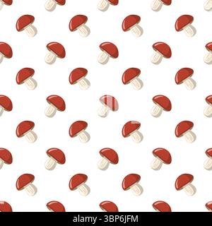 Motivo autunnale senza cuciture con funghi cartoni animati. Design della carta da parati per l'autunno e l'estate. Sfondo vettoriale cartoni animati. Illustrazione Vettoriale