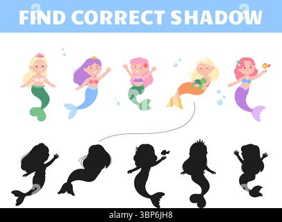 Trovare l'ombra sirena corretta. Gioco di sviluppo educativo per bambini con divertente cartoni animati sirene sottomarine principessa, pesce, tartaruga, modello vettoriale Illustrazione Vettoriale