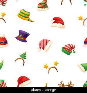 Babbo Natale, elfi cappelli. Diversi accessori per teste di cartoni animati, decorazioni natalizie e di Capodanno. Stampa festosa per le festività invernali per tessuti, vettoriali Illustrazione Vettoriale