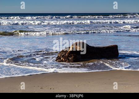 Arch Cape, Oregon - 26 novembre 2015: Le onde si infrangono sulla riva, che lambiscono dolcemente su un grande pezzo di mare, creando una tranquilla scena costiera. Foto Stock