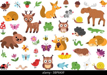 Set clipart per animali del bosco vettoriale. Simpatiche icone della foresta. Illustrazioni di cartoni animati con uccelli, insetti, pesci, bacche. Branco con orso, cervo, volpe, gufo Illustrazione Vettoriale