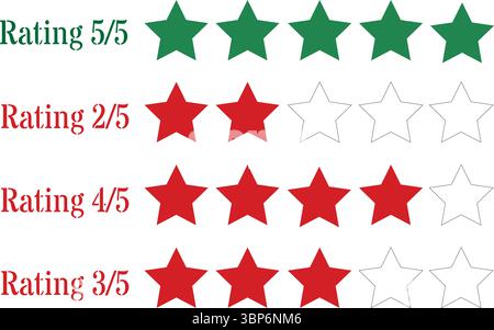 Valutazione a stelle della recensione del cliente impostata in arancione e verde per il feedback UI in rosso e verde per le recensioni dei prodotti Illustrazione Vettoriale