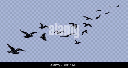 Silhouette di uccelli che volano via. Ombra di stormo di uccelli che volano in alto nel cielo disegnato con una matita di cera o pastello. Illustrazione vettoriale della colomba semplice Illustrazione Vettoriale