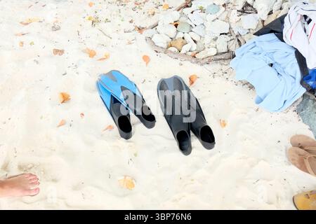 Due paia di pinne riposano sulla sabbia vicino a asciugamani e rocce Foto Stock