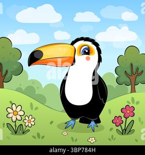 Carino Cartoon Toucan in natura. Illustrazione vettoriale di un animale con fiori rossi e bianchi, erba e alberi. Illustrazione Vettoriale
