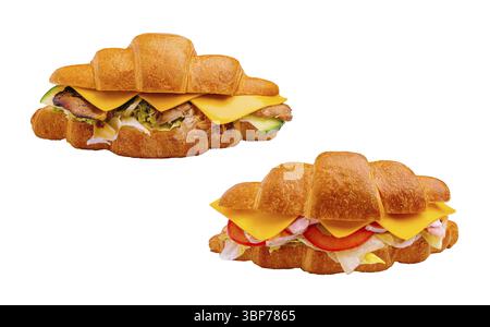 Cibo, due panini con croissant sono esposti su sfondo bianco. Uno è ripieno di pollo, formaggio e avocado, mentre l'altro contiene prosciutto, che Foto Stock