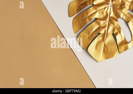 Tendenza esotica estiva in stile minimal. Foglia di monstera di palma tropicale dorata su sfondo a doppio colore. Design brillante e brillante, concetto di moda Foto Stock