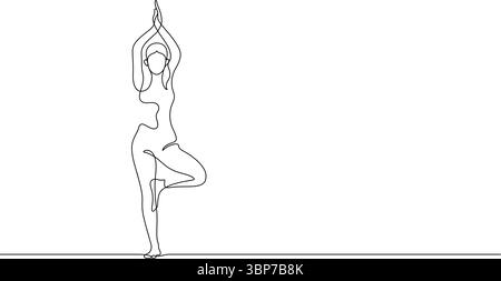 donna che esercita yoga in piedi posa su un albero una linea disegnando continuo a mano minimalismo copia spazio Illustrazione Vettoriale
