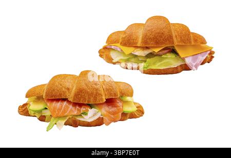 Cibo, due panini con croissant, con ripieni diversi. Una è composta da salmone affumicato e lattuga, mentre l'altra contiene prosciutto e Foto Stock