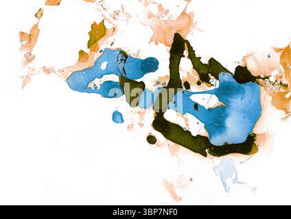 I punti astratti di varie forme sono macchiati in modo caotico su sfondo bianco. Raggruppati nella parte superiore destra dello sfondo. Diverse tonalità di colore blu Foto Stock