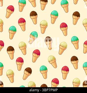 Motivo pixel art con palline colorate per gelato in coni di waffle, vettoriale Illustrazione Vettoriale