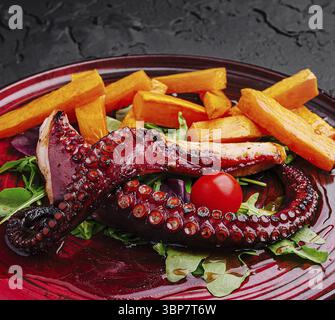 Cibo, Un piatto a base di tentacolo di polpo grigliato, accompagnato da patatine fritte arrosto e pomodoro ciliegino, servito su un piatto rosso vivace con lea Foto Stock