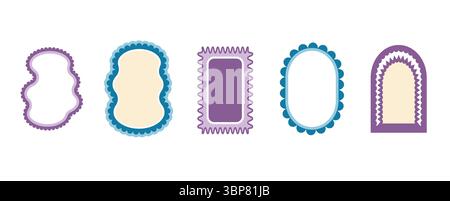 Arco funky retrò e cornici geometriche. Set di divertenti colori vintage con bordi a capesante. Caselle di testo: Modelli ovali, rettangolari e ad arco. Immagine vettoriale Illustrazione Vettoriale