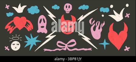 Set di doodle multicolore Devil. Sfondo disegnato con cera di demoni e angeli. Scarabocchiare grunge elementi d'amore. Cuori, archi, nuvole e forme di schizzo. V Illustrazione Vettoriale
