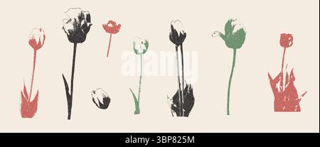 Collage di fiori di tulipano con effetto fotocopia. Ritaglio di elementi floreali per il design di terreni misti. Pezzi di giornali retrò o riviste di fiori selvatici. Vettoriale r Illustrazione Vettoriale