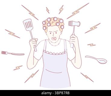 Un'illustrazione animata raffigurante una donna feroce in grembiule, che maneggia utensili da cucina con intensità Illustrazione Vettoriale