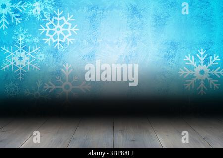 Carta da parati con fiocchi di neve sulle tavole del pavimento Foto Stock
