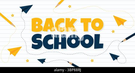 Banner Back to School con matite e piani di carta su sfondo foderato illustrazione vettoriale. Illustrazione Vettoriale