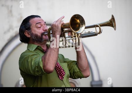 Un musicista appassionato con barba e camicia verde suona una tromba di ottone con un muto. Foto Stock