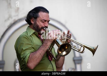 Un musicista appassionato con barba e camicia verde suona una tromba di ottone con un muto. Foto Stock