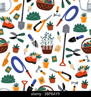Utensili da giardino motivo senza cuciture. Attrezzature agricole. Pala e rastrello per giardinieri. Tubo per innaffiare. Stampa ripetuta. Hoe e forbici da giardinaggio. Har vegetale Illustrazione Vettoriale