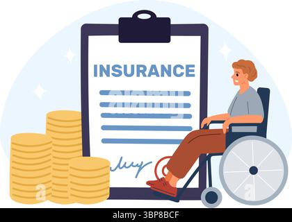 Assicurazione invalidità. L'uomo in sedia a rotelle riceve dei benefici. I soldi per le cure mediche. Disabili. Monete d'oro e documento contrattuale negli appunti Illustrazione Vettoriale