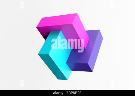 Tre prismi rettangolari colorati che si intersecano, formando una composizione astratta dinamica e moderna su sfondo bianco. Concetto di unità o integrazione Foto Stock