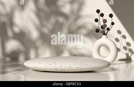 Sfondo minimo per il branding dei prodotti e la presentazione delle confezioni. Podio in pietra con pianta in vaso e palmo lascia ombre Foto Stock