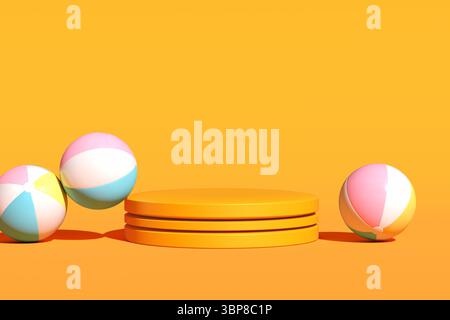 Sfondo estivo minimalista con palline colorate che rotolano su un podio arancione su sfondo giallo, perfetto per mostrare i prodotti estivi Foto Stock