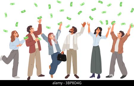 Uomini e donne gioiosi che prendono soldi che cadono dal cielo. Dollari piove. Facile guadagno finanziario. Uomo d'affari di successo. Profitto sugli investimenti. Gente fortunata. CA Illustrazione Vettoriale