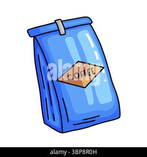 Illustrazione disegnata a mano di un sacchetto di caffè blu con un'etichetta marrone che indica il caffè. Grafica digitale colorata adatta per menu di caffetteria, confezione Illustrazione Vettoriale