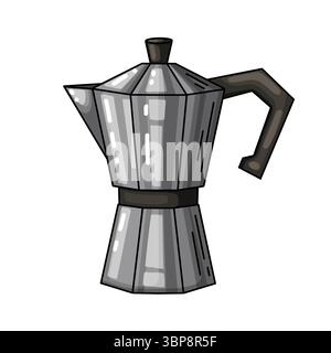 Illustrazione dettagliata disegnata a mano di una classica moka in argento, nota anche come macchina per il caffè geyser. Affascinante opera d'arte eccellente per design rela Illustrazione Vettoriale