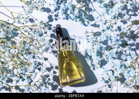 Olio di bellezza con ingredienti naturali su sfondo blu con fiori. Concetto di trattamento per la cura della pelle. Confezione senza marchio per il design Foto Stock