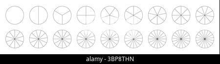 Grafici segmentati. Set di pizza, modello di grafico a torta. Molti settori dividono il cerchio su parti uguali. Infografica sulla raccolta di segmenti Illustrazione Vettoriale