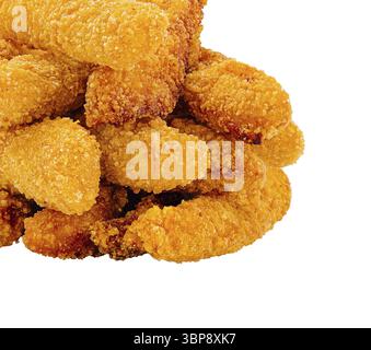 Cibo, Una porzione di croccanti tender di pollo, perfettamente impanati e fritti, impilati in modo attraente. Ideale per la condivisione durante le riunioni o come gustoso indul Foto Stock