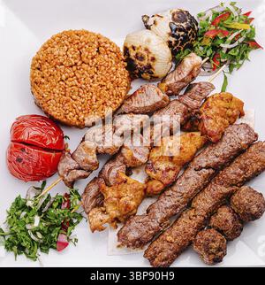 Cibo, carni alla griglia, tra cui kebab e spiedini, sono ben disposti su un piatto bianco, accompagnati da pomodori arrostiti, riso ed erbe fresche, Foto Stock