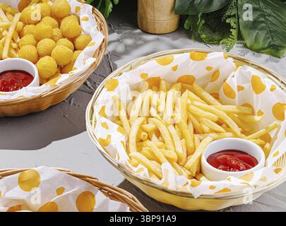 Cibo, Una colorata esposizione di patatine fritte croccanti e spuntini dorati in cesti tessuti. Ogni cestino è rivestito di carta tratteggiata e servito con ketchup per Foto Stock
