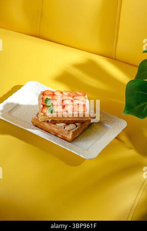 waffle belgi con fragole su sfondo giallo Foto Stock