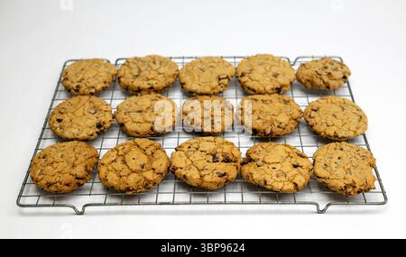 Primo piano di biscotti fatti in casa con scaglie di cioccolato appena sfornati, isolati su sfondo bianco Foto Stock