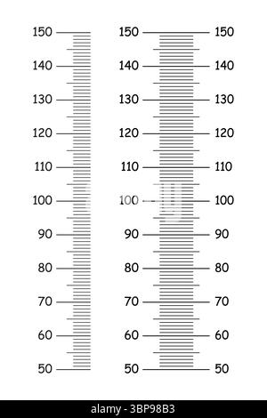 Set di tabelle altezza bambini da 50 a 150 centimetri. Modelli per adesivo di crescita della parete isolati su sfondo bianco. Metro a parete o righello di crescita Illustrazione Vettoriale