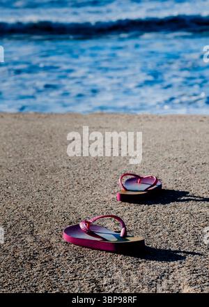 Un paio di infradito rosa riposano su una spiaggia sabbiosa, con l'oceano sullo sfondo. Foto Stock