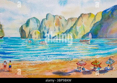 Viaggia nella baia di Maya in Thailandia - pittura ad acquerello paesaggio marino colorato di turismo oceano spiaggia onda nave passeggeri, nuvola di montagna cielo sfondo. Spirito marino Foto Stock